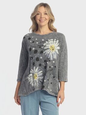 Jess & Jane Retro Mineral-Washed Grey Blue Cotton Tunic Top •size small Casual